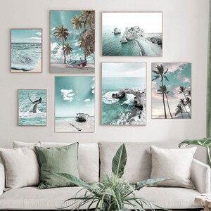 Sea Landscape Wall Art Beach Scenery Canvas Set of 3 Reef Waves Poster Palm Tree Canvas Print Boat Posters Home Decor Large Ocean Surf Print