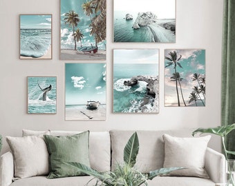 Sea Landscape Wall Art Beach Scenery Canvas Set of 3 Reef Waves Poster Palm Tree Canvas Print Boat Posters Home Decor Large Ocean Surf Print