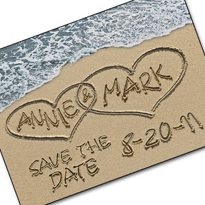 Save The Date Karten - Personalisierte Namen und Datum - Lässige Hochzeitseinladung - Save-the-Date Strandhochzeit Fotokarten SAND HEARTS