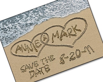 Save The Date Karten - Personalisierte Namen und Datum - Lässige Hochzeitseinladung - Save-the-Date Strandhochzeit Fotokarten SAND HEARTS