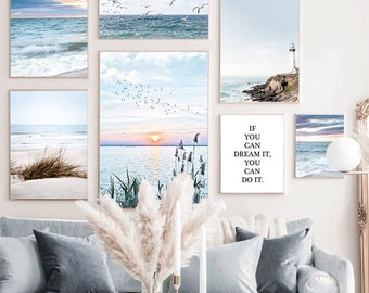 Ocean Landscape Canvas Wall Art Lighthouse Beach Poster Seagull Sunset Print For Living Room Decor Beach Scenery Set of 3 Waves Poster Dunes