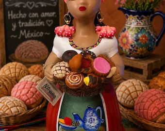 Handmade Pan Dulce Lupita Figurine | Mexican Folk Art Doll with Bread Basket | Talavera Decor | Made in Mexico