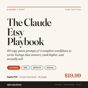 May include: A digital PDF titled The Claude Etsy Playbook 2026 Edition. The text includes 60 copy-paste prompts and 4 complete workflows to write listings that convert, rank higher, and sell. Features buttons labeled LISTINGS, SEO, SERVICE, and SOCIAL.