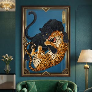 Neo Deco Poster Print Black Panther Leopard Fight Printable Wall Art - DIGITAL DOWNLOAD