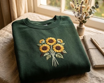 Embroidered Sunflowers Sweatshirt, Vintage Cottagecore Flower Embroidery Tee