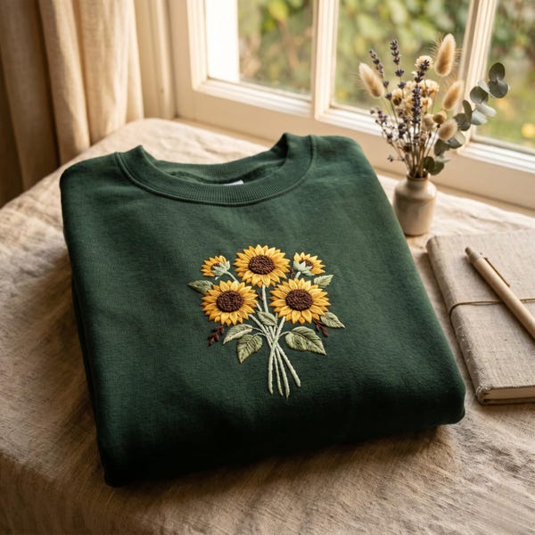 Embroidered Sunflowers Sweatshirt, Vintage Cottagecore Flower Embroidery Tee