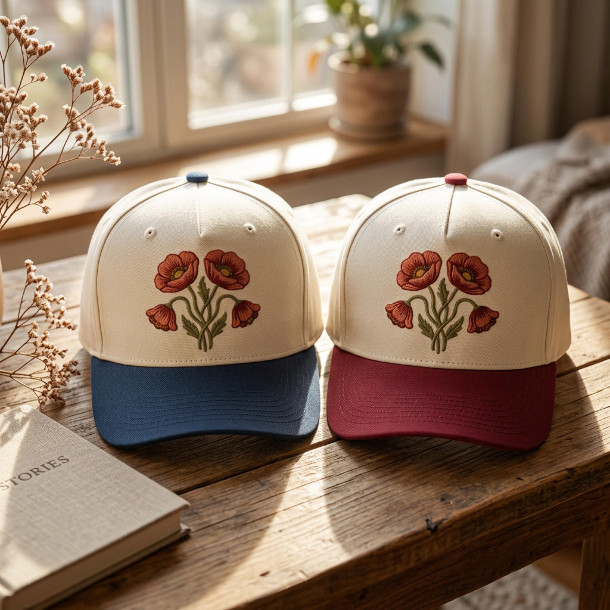 Embroidered Poppy Flower Trucker Hat, Botanical Nature Art Cap - Etsy