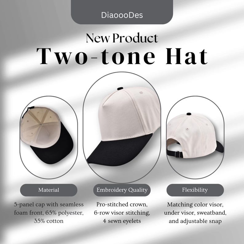 May include: A two-tone hat featuring a cream-colored crown and a black visor. The cap is a 5-panel design with a seamless foam front, 65% polyester and 35% cotton construction, pro-stitched crown, 6-row visor stitching, 4 sewn eyelets, and an adjustable snap.