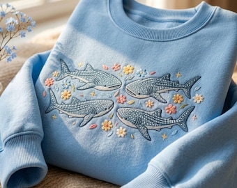 Geborduurd walvishaai-sweater, oceaandierentrui met bloemenprint