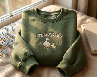 Embroidered Mama Goose Crewneck Sweatshirt, Custom Est Year Sweater, Duck Family Apparel