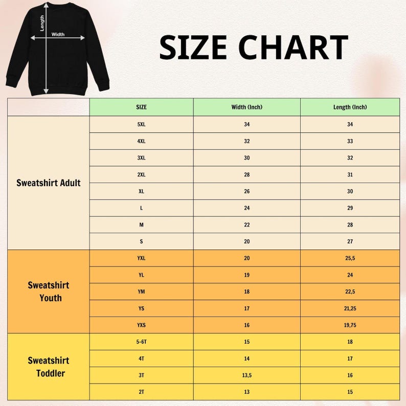 May include: A sweatshirt size chart, with measurements in inches. The chart provides sizes for adults, youth, and toddlers, detailing width and length for each size, from 2T to 5XL. The text "SIZE CHART" is displayed.