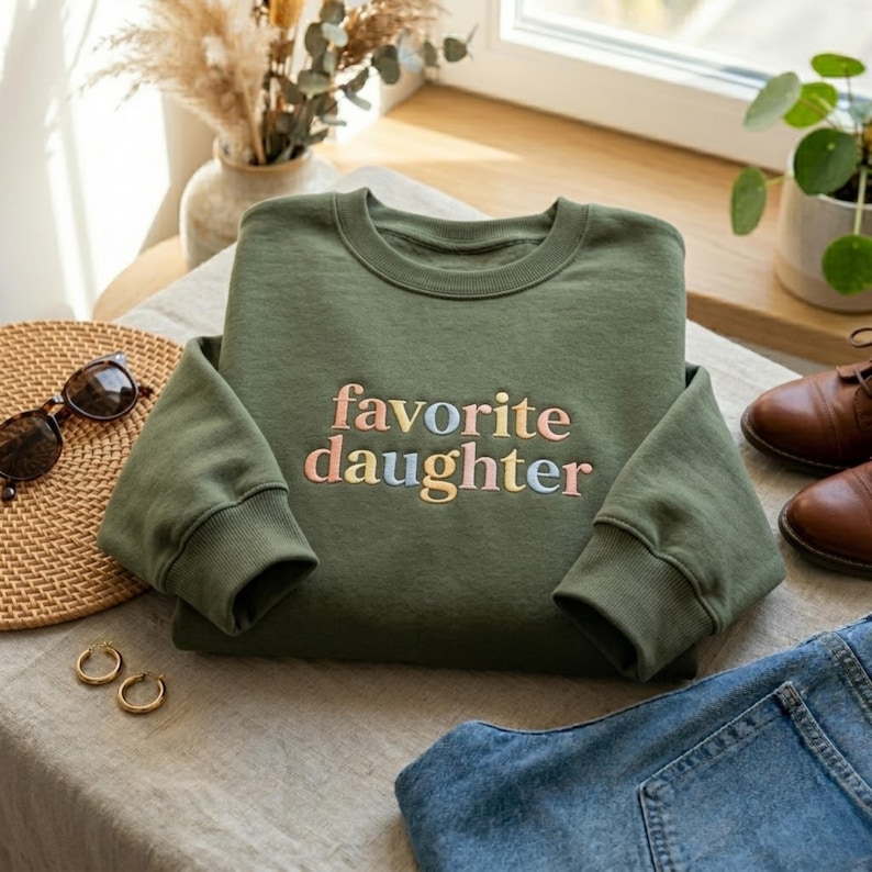 May include: An olive green sweatshirt with the embroidered text "favorite daughter" in pastel colours. The sweatshirt is folded neatly on a neutral-coloured surface, with accessories like sunglasses and gold hoop earrings nearby. Brown leather shoes and blue jeans are also visible.