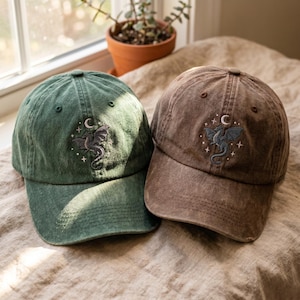 Embroidered Moon and Dragon Fantasy Book Baseball Hat, Bookish Witchy Vibes