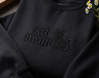 Embroidered Cat Mom Sweatshirt – Black Cat Lover Gift