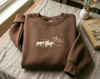 Embroidered Cowboy and Cattle Sweatshirt – Cowboy Rodeo, Western Horse Hoodie