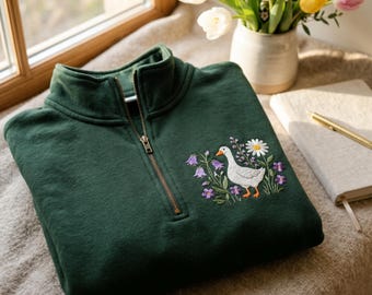 Embroidered Goose Quarter Zip Sweatshirt, Cottagecore Wildflower Nature Apparel
