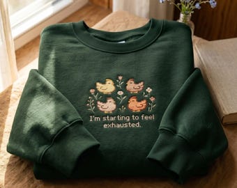 Embroidered Exhausted Chickens Sweatshirt, Pixel Art Gamer Gift