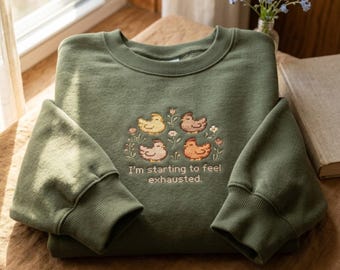 Embroidered Exhausted Chickens Sweatshirt, Pixel Art Gamer Gift