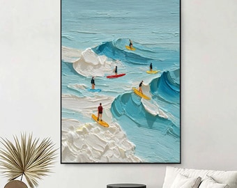 3D Wellen Brandung Gemälde, Spachtel Küsten Minimalistische Wandkunst, großes vertikales Schlafzimmer Dekor