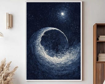 3D Textured  Dark Blue Abstract Starry Artwork, Palette Knife Sky Art Canvas for Entryway