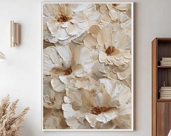Beige White Floral Thick Impasto Painting, 3D Large Vertical Neutral Flower Wall Art