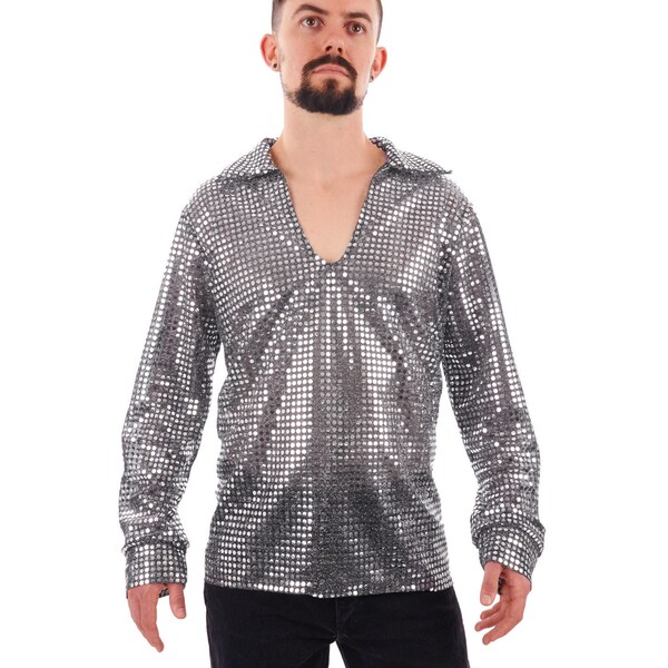 Men's 70's Disco Shiny Sequin Shirt Silver