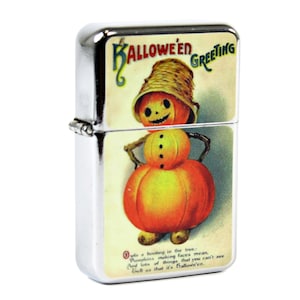 Refillable Windproof Flip Top Lighter Retro Halloween Greetings Jack O'Lantern Pumpkin Stack Postcard Image