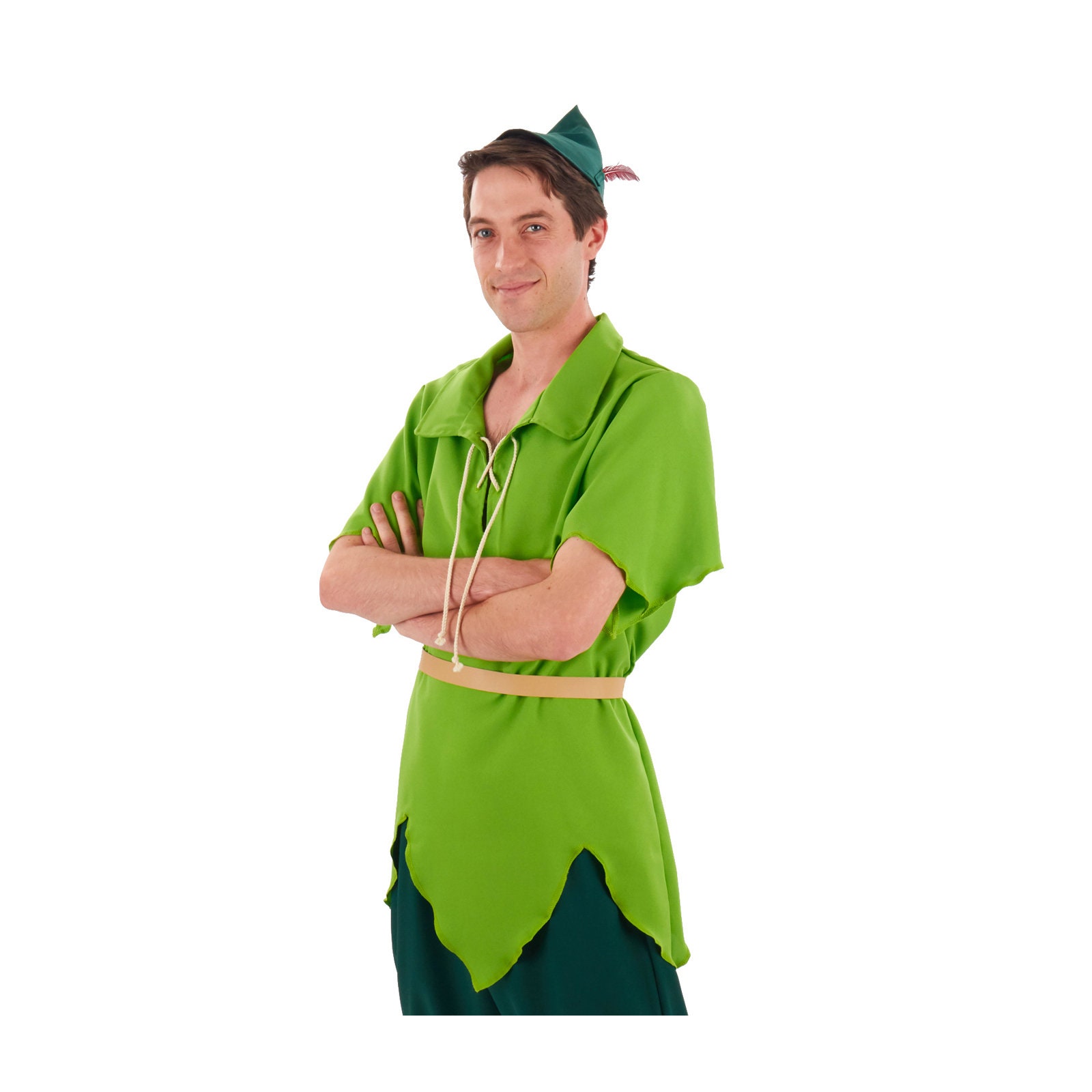 Mens Classic PETER PAN Lime Green Tunic Hat Elf Costume