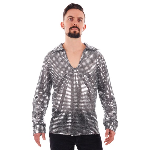 Herren 70er Jahre Disco Glanzend Pailletten Shirt Silber Etsy