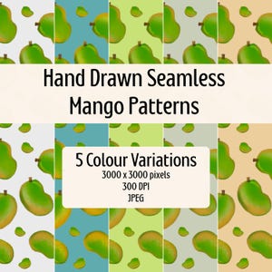 May include: A digital art image showcasing five seamless mango patterns in various color schemes. Each pattern features hand-drawn green mangoes with brown stems and small green leaves. The image includes text that reads "Hand Drawn Seamless Mango Patterns" and "5 Colour Variations".