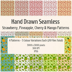 Digitally Hand Drawn Strawberry, Pineapple, Cherry, Mango Seamless Pattern, Fruits Pattern, 5 Colour Variations, Instant download