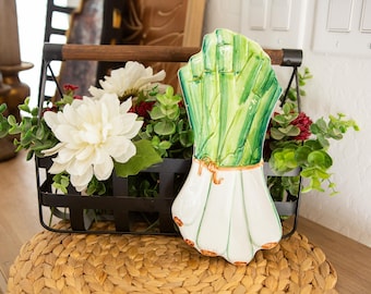 Vintage Italian Ceramic Leek Green Onion Spoon Rest | Majolica Farmhouse Kitchen Decor | Wall Plate