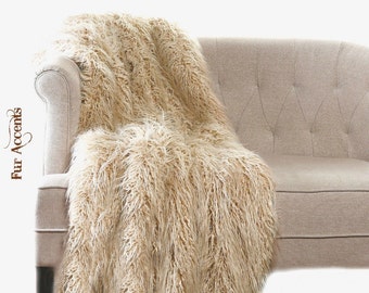 Faux Fur Sheepskin Throw Blanket - Shaggy - Soft - Thick Sand Beige - Fur Accents Designer Rugs and Throws USA