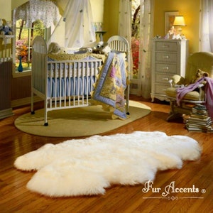 Nursery Shag Faux Fur Area Rug - White Quatro Sheepskin Pelt Shape - Shaggy Soft - Shag - Handmade Designer Fur Rugs  Fur Accents USA
