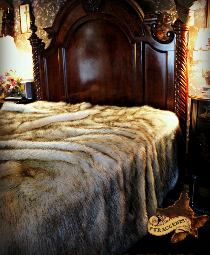 Luxury Faux Fur Bed Spread Comforter Throw Blanket Or Duvet Cover Plush Arctic Fox White With Black Brown Tips