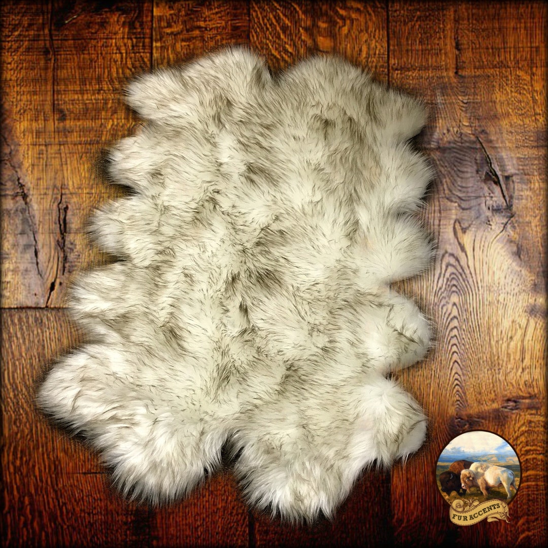 Faux Fur Quad Sheepskin Accent Rug White With Brown Tips Designer Shag