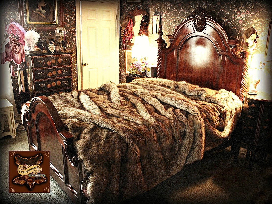 Coyote Faux Wolf Fur Bed Spread or throw blanket - Sizes available