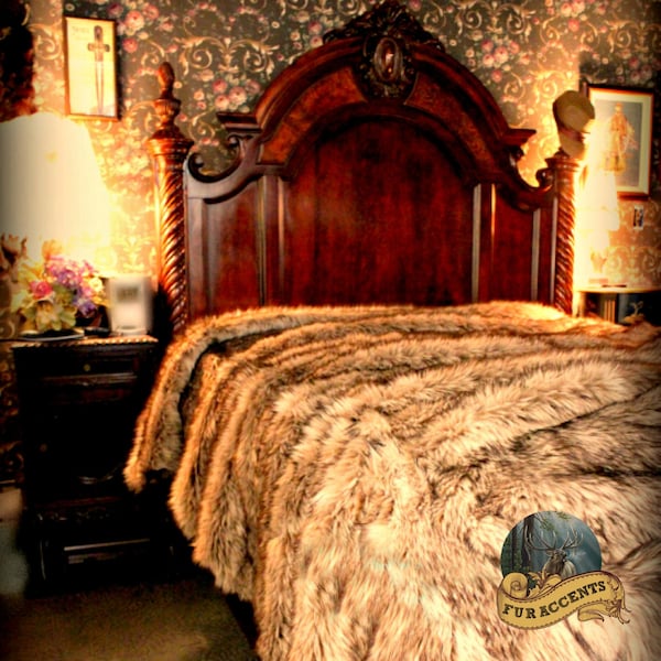 Luxurious Faux Fur Bed Spread - Comforter - Throw Blanket or DUVET - Plush Light Brown Wolf - Coyote Fur - Luxury Shag