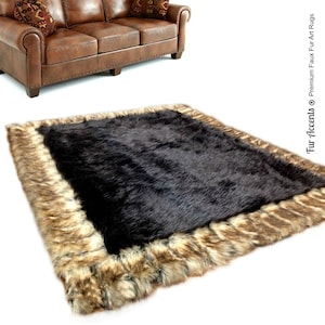 Desiger Fau Fur Area Rug - Rectangle - Soft - Thick Brown Cener With Brown Ribbed Fox Border - Fur Accents Designer Rugs and Throws USA