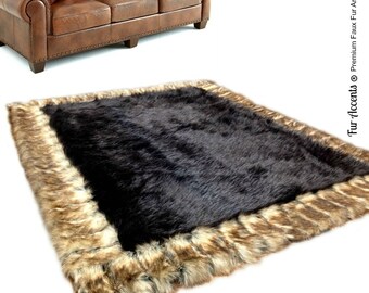Desiger Fau Fur Area Rug - Rectangle - Soft - Thick Brown Cener With Brown Ribbed Fox Border - Fur Accents Designer Rugs and Throws USA