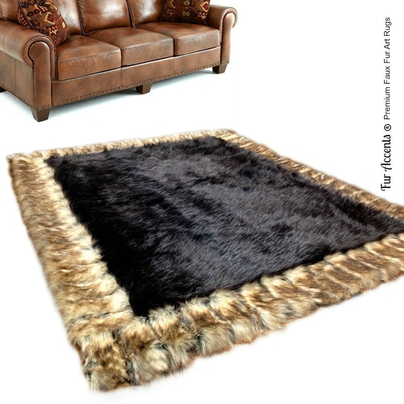 Desiger Fau Fur Area Rug Rectangle Soft Thick Brown Cener With Brown Ribbed Fox Border Fur Accents Designer Rugs and Throws USA image 1