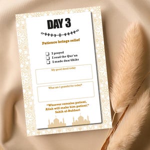 May include: A white and gold daily reflection card with the text "DAY 3" and "Patience brings relief." It includes checkboxes for prayer, reading the Qur'an, and making dua/dhikr, along with prompts for good deeds and gratitude. A quote from Sahih al-Bukhari is also included.