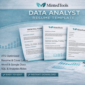 ATS Friendly Data Analyst Resume Template | Data Analyst CV and Cover Letter | Word and Google Docs Download