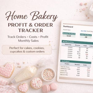 Op de afbeelding: Een digitale tablet met een winst- en ordertracker voor een thuisbakkerij. Het scherm toont maandelijkse verkoopgegevens, inclusief omzet, winst en bestelgegevens. De afbeelding bevat cupcakes, koekjes en bakbenodigdheden.