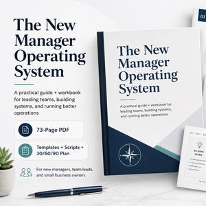 May include: A white book titled "The New Manager Operating System" with a navy blue spine, alongside printed templates and a pen. The book cover features a compass design. The templates include a meeting agenda and a 30/60/90 day plan.