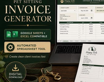 Pet Sitting Invoice Generator Spreadsheet, Automated Pet Sitter Invoice Template, Dog Walking Invoice, Google Sheets Excel