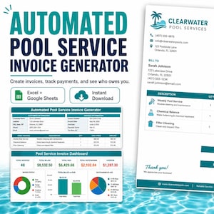 Może przedstawiać: Automatyczny generator faktur za usługi basenowe z tekstem "AUTOMATED POOL SERVICE INVOICE GENERATOR". Obraz zawiera fakturę, wykresy i tekst "Twórz faktury, śledź płatności i zobacz, kto jest Ci winien."