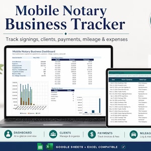 May include: A laptop and tablet display a "Mobile Notary Business Tracker" dashboard. The screen shows data visualizations and tables for tracking signings, clients, payments, mileage, and expenses. The image includes the text "Instant Download" and "Google Sheets + Excel Compatible."