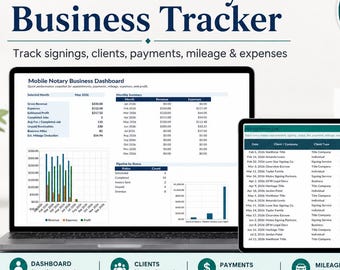 Mobile Notary Business Tracker Spreadsheet, Notary Income Expense Mileage Log, Signing Agent Dashboard for Google Sheets Excel