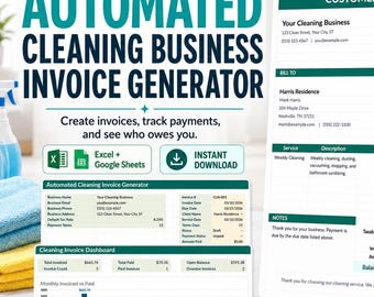 Cleaning Business Invoice Generator Spreadsheet | Automated Cleaning Invoice Template & Payment Tracker